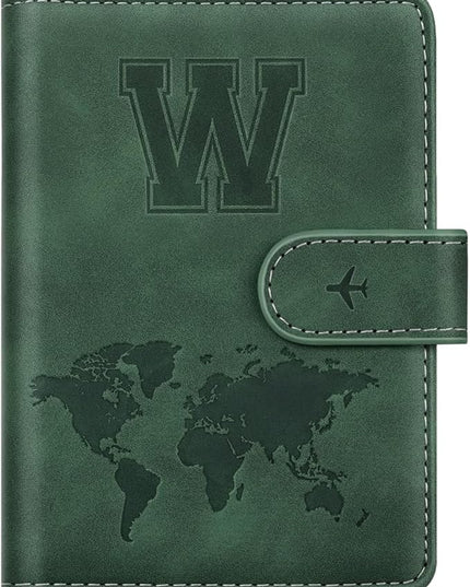 Personalized W Passport Holder Cover Initial Letter Travel Wallet RFID Blocking Passport Cover Credit Card Holder Case Passport Book Holders for Women and Men, Pine Green-W