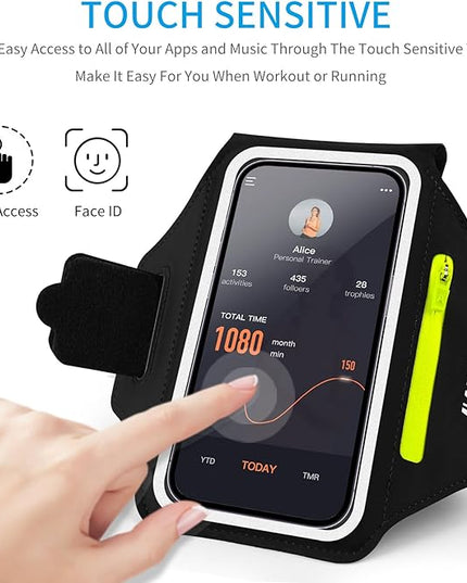 Cell Phone Running Armband with Zipper Pocket Armband Case Running Holder for iPhone 16 Pro Max/15/14 Pro Max/13/12 /11 Pro Max/XS/XR,Galaxy S20 S10,Sweatproof Arm Band with Card/Key Bag