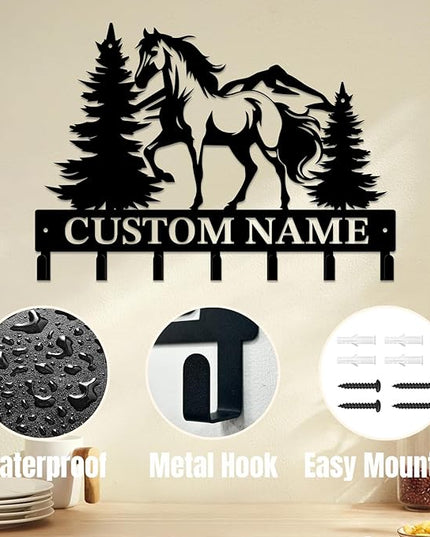Personalized Custom Name Farm Horse Wall Key Hooks,Metal Horse Art Clothes Hooks,Metal Horse Wall Home Storage Decorative,For Front Door, Hallway, Kitchen, Bedroom,Keys,Hats (Style K)