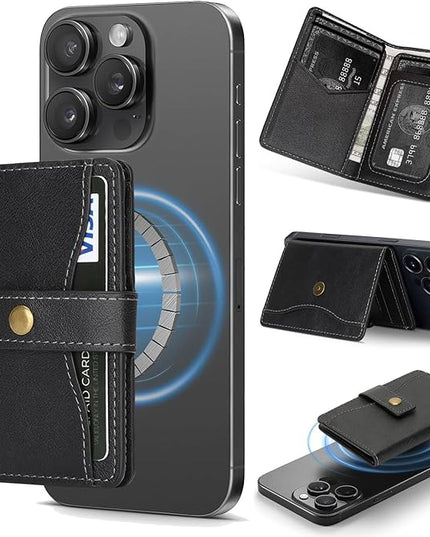 Ultra-Thin Magnetic Wallet Card Holder for iPhone and All MagSafe Protective Cases，Premium PU leather, powerful magnetic closure, stand function, 6 card slots (Black)