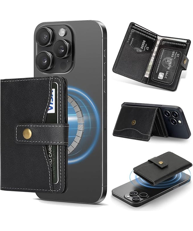 Ultra-Thin Magnetic Wallet Card Holder for iPhone and All MagSafe Protective Cases，Premium PU leather, powerful magnetic closure, stand function, 6 card slots (Black)