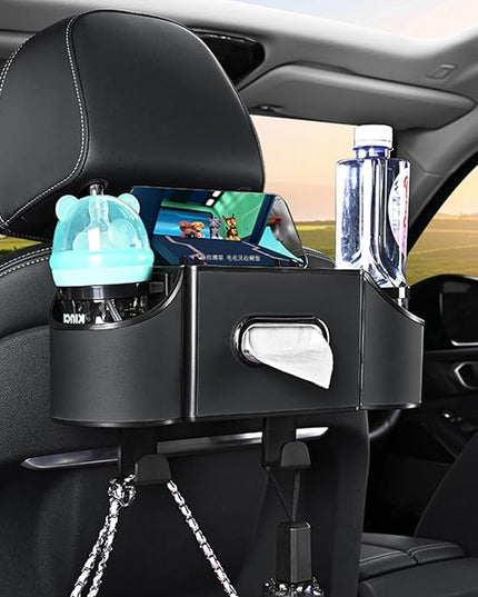 Back Seat Car Organizer,4 in 1 Multifunctional Car Back Seat Storage Box with Drink Cup Holder Tissue Box, for Hold Phone,Snacks, Drinks, Handbag-Black