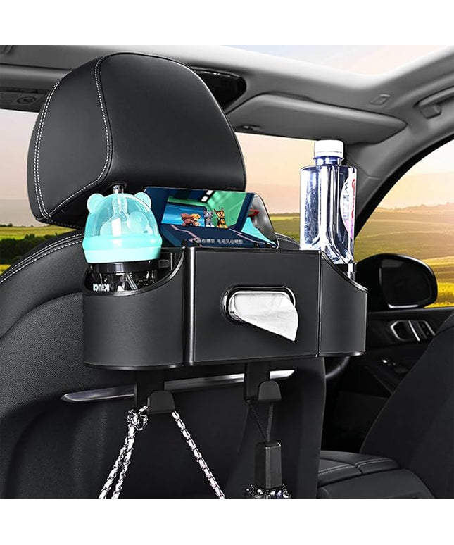 Back Seat Car Organizer,4 in 1 Multifunctional Car Back Seat Storage Box with Drink Cup Holder Tissue Box, for Hold Phone,Snacks, Drinks, Handbag-Black