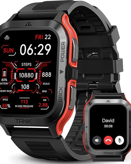 AMAZTIM Smart Watch, 60 Days Extra-Long Battery, 50M Waterproof, Rugged Military Bluetooth Call(Answer/Dial Calls), 1.85" Ultra Large HD Display, AI Voice Assistant, Compatible for Android and iOS-Red