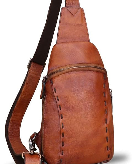 LRTO Genuine Leather Silng Bag for Women and Men Vintage Real Leather Sling Backpack Shoulder Crossbody Bag Chest Purse