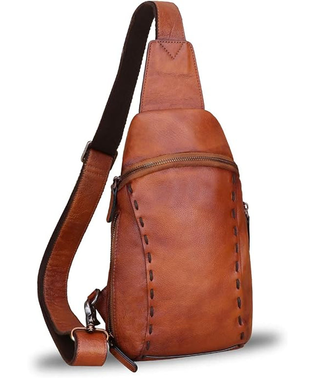 LRTO Genuine Leather Silng Bag for Women and Men Vintage Real Leather Sling Backpack Shoulder Crossbody Bag Chest Purse