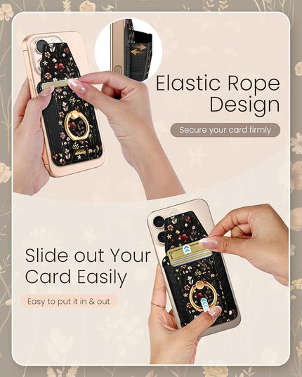 Shorogyt Compatible with Magsafe Wallet with Grip Magnetic Card Holder - Cute Phone Wallets with Ring Stand for iPhone 17/16/15/14/13/12 Series for Women Girls Retro Flower Design, Fit 7 Cards