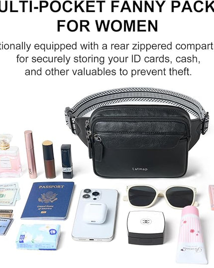 LATMAP 3L Fanny Packs for Women Cross Body Bag Vegan Leather Chest Belt Bag Fashion Waist Pack Small Bum Bag Crossbody for Travel Running Workout, Black
