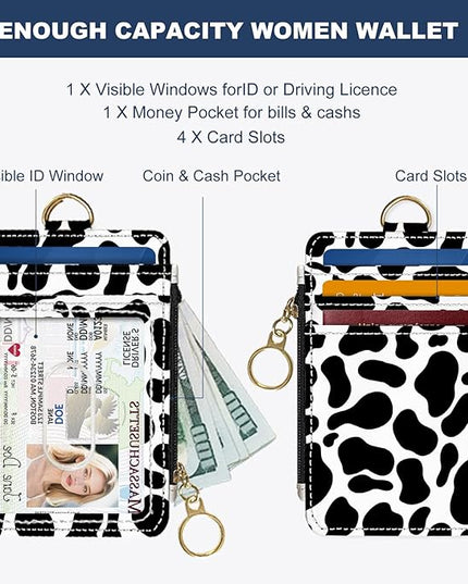 Slim Wallet Credit Card Holder, Black And White Milk Pattern, RFID Wallet Women Cute Small Front Pocket Wallet With Zipper, PU Leather Thin travel RFID Blocking Card Case ID Window ,Ladies Gifts