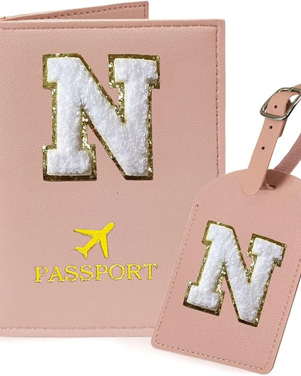 COSHAYSOO Passport Cover and Luggage Tag Set with Her Initial Chenille Letter Patch, Trending Traveling Bag Backpack Suitcase Identifier Birthday Gifts for Women Girls Pink N