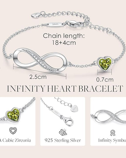 CDE Valentine's Day Gift Infinity Heart Birthstone Charm Link Bracelet for Women 925 Sterling Silver Adjustable Mother's Day Christmas Day Gift Anniversary Birthday Jewelry for Wife Girlfriend Her
