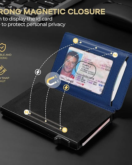 RUNBOX Slim Card Wallet for Men with ID Window – Minimalist RFID Wallet, Pop-Up Function, Ultra Thin Design, Metal Business Card Case Holds 8+ Cards, Gifts for Men, Men's Accessories