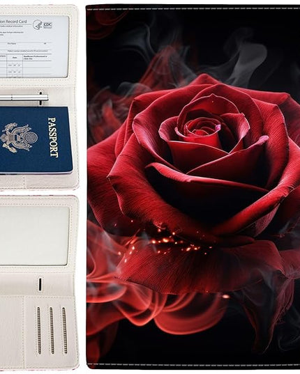 Passport Holder,Cute Passport Cover,Travel Wallet with Credit Card Slots Rfid passport Wallet Waterproof Documents Organizer Women Men (Red rose)