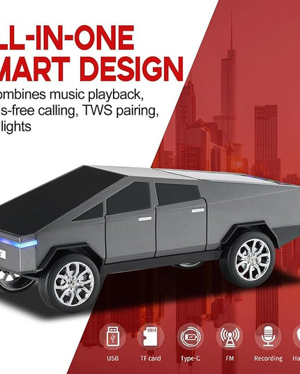 Futuristic Shapes Truck Bluetooth Speaker with LED Display Screen – TWS Stereo, FM Radio, USB/TF Playback, LED Headlights, Built-in Mic, Gift for Car Lovers, Model Collectors & Tech Fans (Gray)