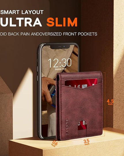 RUNBOX Wallet for Men Slim Leather Bifold RFID Blocking Minimalist Front Pocket Design with Gift Box