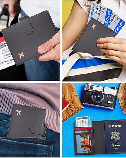 Deziliao Unisex Faux Leather Passport and Vaccine Card Holder, Black, Slim, Waterproof, Lightweight, RFID Blocking