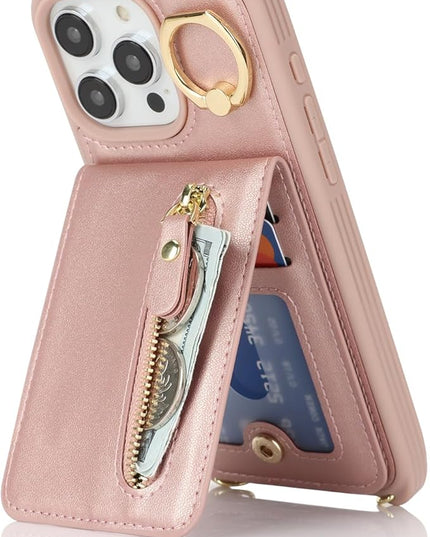for iPhone 15 Pro Max Wallet Case with Card Holder, for iPhone 15 Pro Max Case Wallet with Strap Credit Card Slot, Crossbody Bag with Zipper Case for iPhone15 Pro Max - Rose Gold
