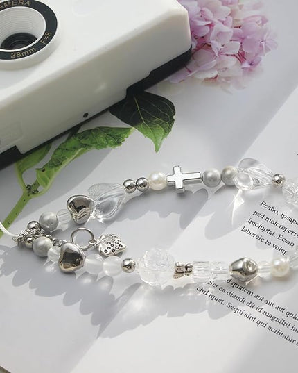 Beaded Camera Wrist Strap, Cute Phone Charms Strap, Pearl Bracelet Wrist Strap, Phone Keychain Decoration for Wallet