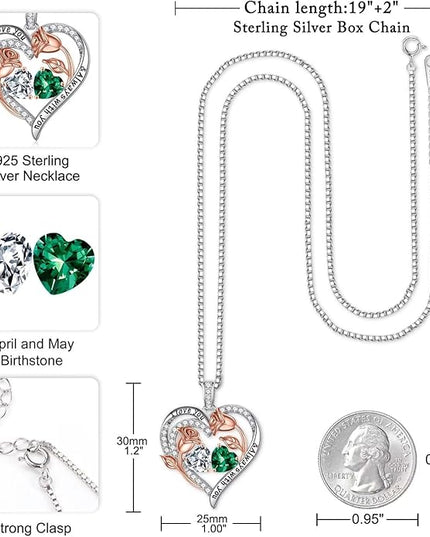 Iefil Christmas Gifts for Women Wife - 925 Sterling Silver Rose Heart Birthstone Necklace Birthday Anniversary Jewelry Gifts for Her Wife Mom Daughter