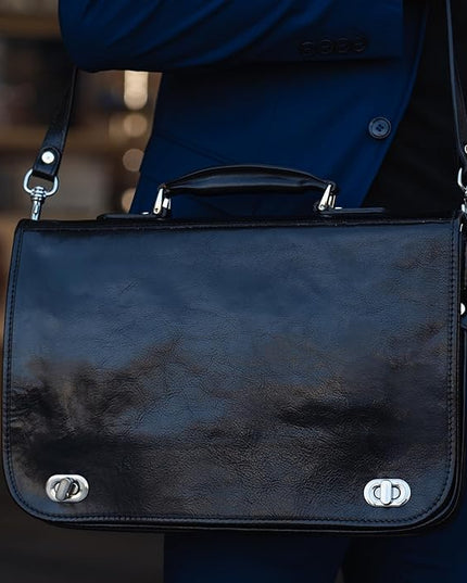 Time Resistance Leather Briefcase for Men - Italian Full Grain Leather Laptop Bag - Messenger Bag - Gift Box Included