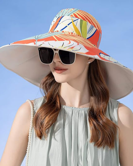 HUAMULAN Women Summer Sun Hat Wide Brim Wired Edge Floral Beach Bucket Hats Reversible Foldable Travel UV Protection Lady Hat
