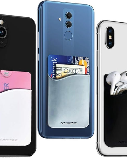 USA Merchant Redesigned Card Holder - Silicone Stick on Cell Phone Wallet with Pocket for Credit Card ID Business Card - iPhone Android & Smartphones (Black, White, Grey)