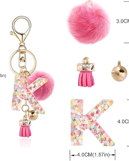 Resin Alphabet Initial Letter Keychain Keyring for Women Purse Handbags With Fur Ball Pom