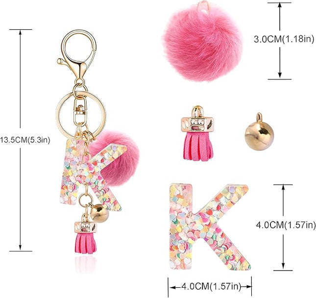 Resin Alphabet Initial Letter Keychain Keyring for Women Purse Handbags With Fur Ball Pom