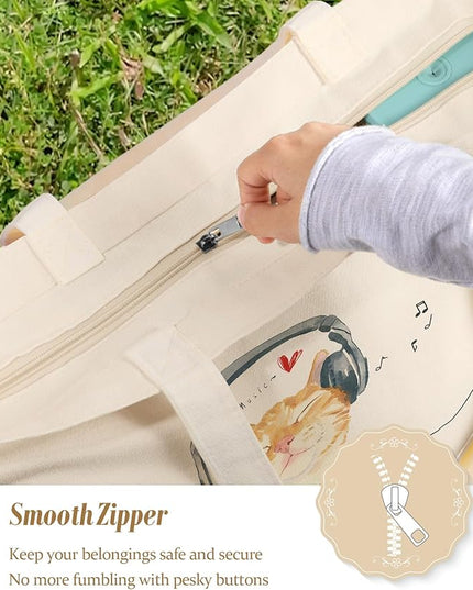 Large Tote Bag for Women - Aesthetic Cute Big Canvas Bags with Zipper Cotton Shoulder Bag for Gym, Travel, Work