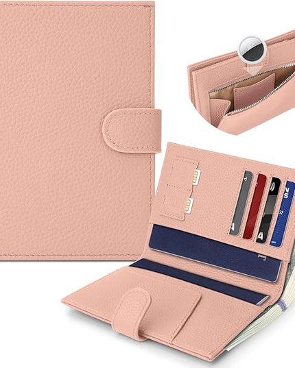 Genuine Leather Passport Holder for Women Men, Hidden Airtag Pocket, RFID Blocking, Zippered Coins Pocket & Cash Compartment Travel Gifts Essentials Passport Cover Case - Pink
