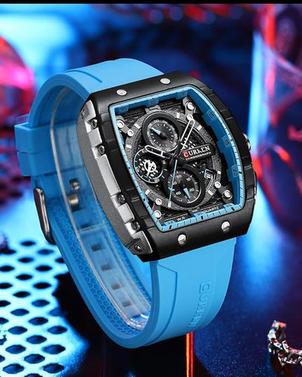 PASOY Luxury Chronograph Watches for Mens Rubber Strap Black Waterproof Date Analog Quartz Watch