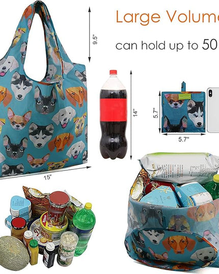 BeeGreen Shopping Bags Cloth Grocery Bags Foldable Travel Bag Tote Bags Bulk - Reusable Gift Bags with Handles (6 Pack) - Heavy Duty Large Washable Animal Holiday Design for Women Travel & Groceries