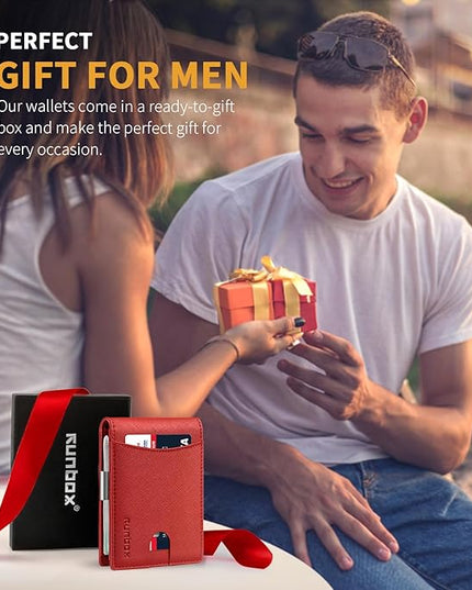 RUNBOX Slim Money Clip Wallets for Men RFID Blocking 11 Card Holder Minimalist Small Leather Bifold Men's Front Pocket Wallet Gift Box