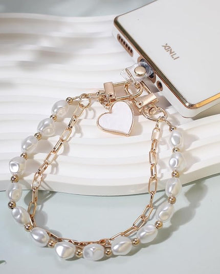 Pearl Beaded Phone Charm Wrist Strap,Cute Bracelet Wristlet Lanyard,Gold Double Chain for Phone Case,Purse Bag Wallet