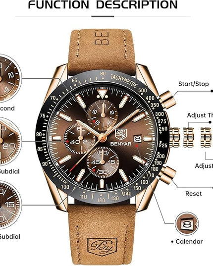 BY BENYAR Watch for Men Analog Quartz Chronograph Waterproof Luminous Designer Mens Wrist Watches Business Work Sport Casual Dress Watch with Silicone Strap Elegant Gifts for Men