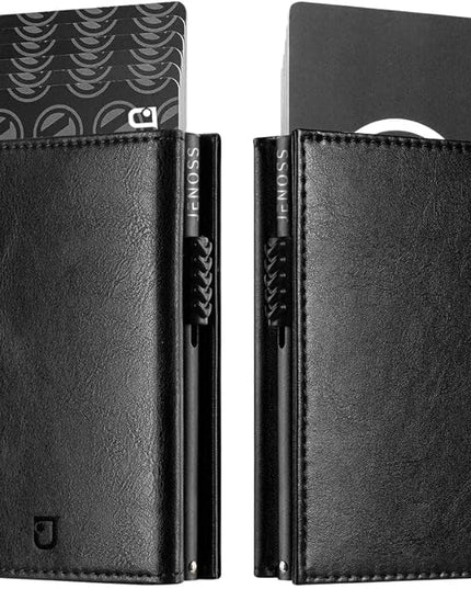 Jenoss Smart Wallet For Men: Full Grain Leather, Handcrafted, Slide Metal Pop Up Case, Slim RFID Blocking Credit Card Holder, Minimalist, Compact - 9-12 Cards Organizers | ID | Money Clip (Black)