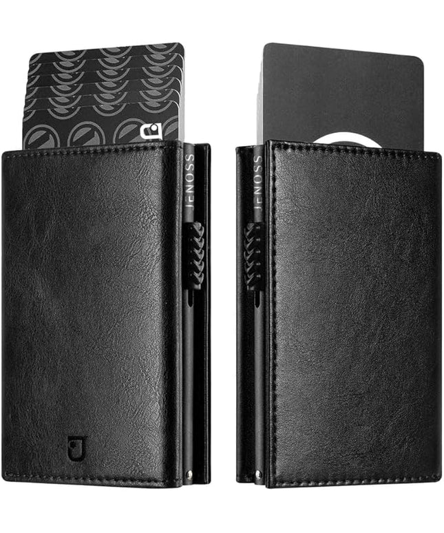 Jenoss Smart Wallet For Men: Full Grain Leather, Handcrafted, Slide Metal Pop Up Case, Slim RFID Blocking Credit Card Holder, Minimalist, Compact - 9-12 Cards Organizers | ID | Money Clip (Black)