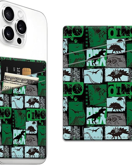Phone Card Holder, Dual Pocket Leather Wallet Adhesive Stick On, Cute Credit Card Holder for Smartphones Case Compatible with Most Phone（dinosaur）