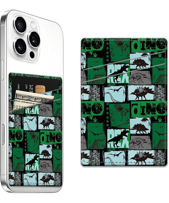 Phone Card Holder, Dual Pocket Leather Wallet Adhesive Stick On, Cute Credit Card Holder for Smartphones Case Compatible with Most Phone（dinosaur）