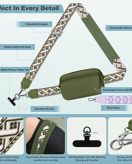 Clip and Go Strap for Phone with Wallet Crossbody, Adjustable Phone Lanyard with Detachable RFID Wristlet Wallet, Pattern Strap - Olive Green(L)