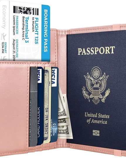 Passport Holder Cover Travel RFID Blocking Passport Cover Rose Gold Cute Flowers Passport Wallet with Elastic Band for Women