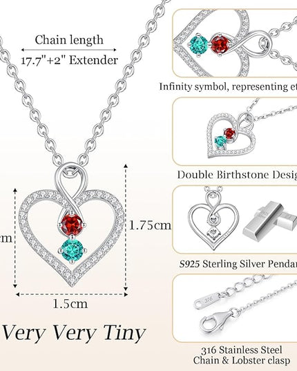 LOUISA SECRET Infinity Double Birthstone Necklace, 925 Sterling Silver Tiny Pendant Heart Necklace for Women Wife Her, Best Jewelry Gift Heart Jewelry Meaningful Gift for Valentine's Day, Christmas, Birthday Anniversary