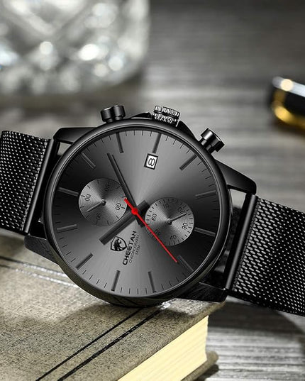GOLDEN HOUR Mens Watch Fashion Sleek Minimalist Quartz Analog Mesh Stainless Steel Waterproof Chronograph Watches for Men with Auto Date