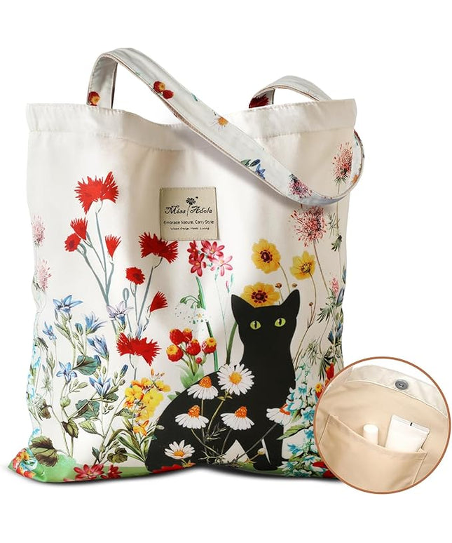 Aesthetic Cotton Tote Bag for Women - Reusable Shoulder Bag with Buckle Fabric Bag for Gym, Travel, Work