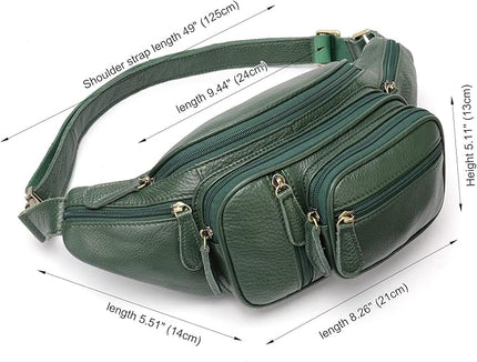 Genuine Leather Fanny Pack large capacity Crossbody Waist Bag with Zipper phone Pockets green