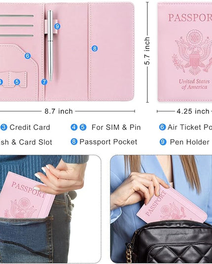 ACdream RFID BLOCKING Passport Holder Travel Wallet, Premium PU Leather Cover Passport Book with Card Holder, Pen Holder, Keep Organization, and Travel Essentials for Women and Men, Bright Pink