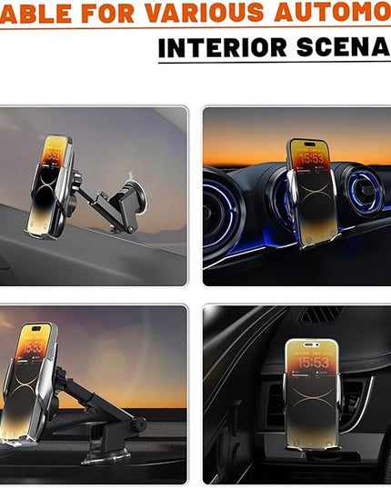 15W Fast Wireless Car Charger, Auto-Clamping Silver Car Phone Holder with Strong Suction Cup,360°Adjustable Dashboard/Windshield Mount for iPhone17-11&Samsung S Series Essential Car Accessories