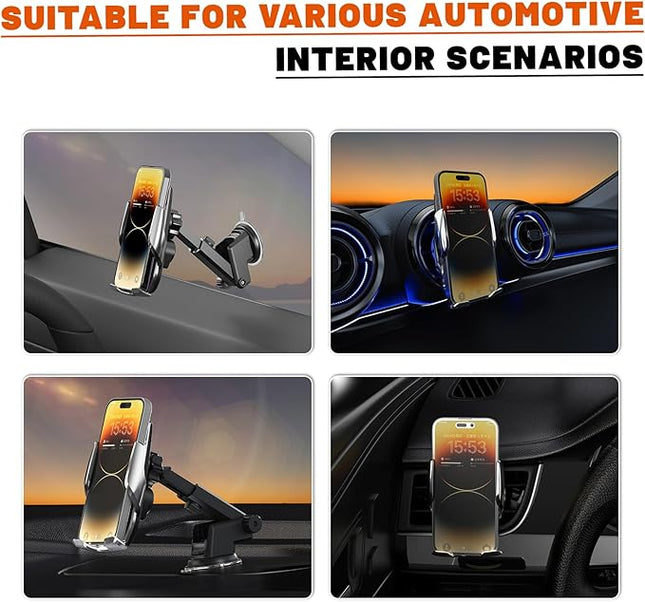 15W Fast Wireless Car Charger, Auto-Clamping Silver Car Phone Holder with Strong Suction Cup,360°Adjustable Dashboard/Windshield Mount for iPhone17-11&Samsung S Series Essential Car Accessories