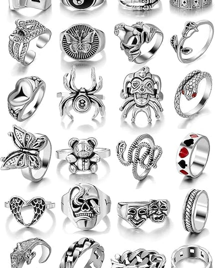 KISS WIFE Cool Rings Set for Women, Vintage Silver Punk Rings Bulk, Gothic Chunky Knuckle Emo Stackable Finger Ring Pack Western Jewelry Gift for Her