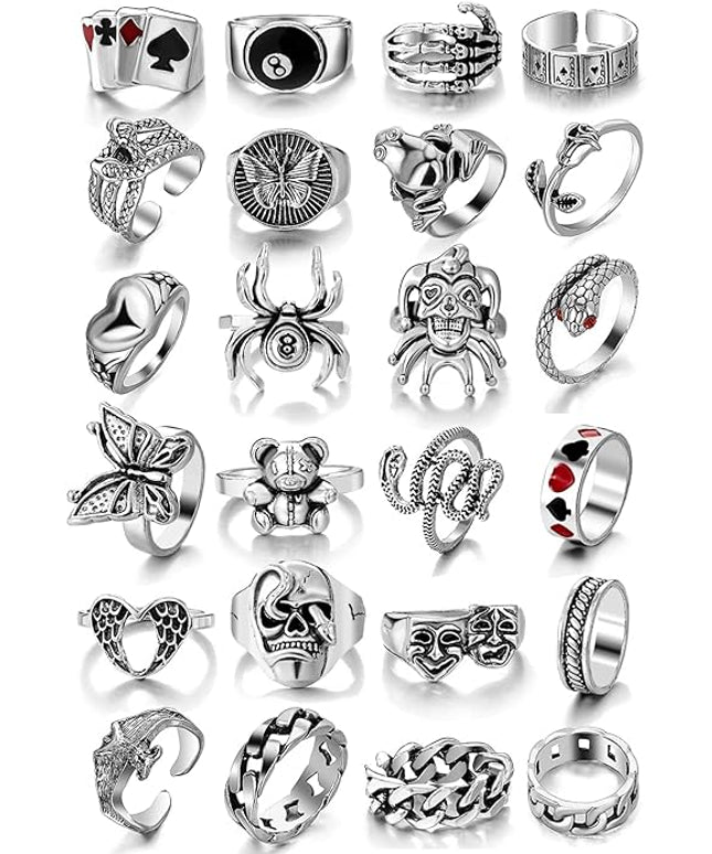 KISS WIFE Cool Rings Set for Women, Vintage Silver Punk Rings Bulk, Gothic Chunky Knuckle Emo Stackable Finger Ring Pack Western Jewelry Gift for Her